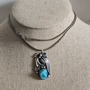 Old Pawn Navajo Turquoise Sterling Pendant Necklace Leaf
